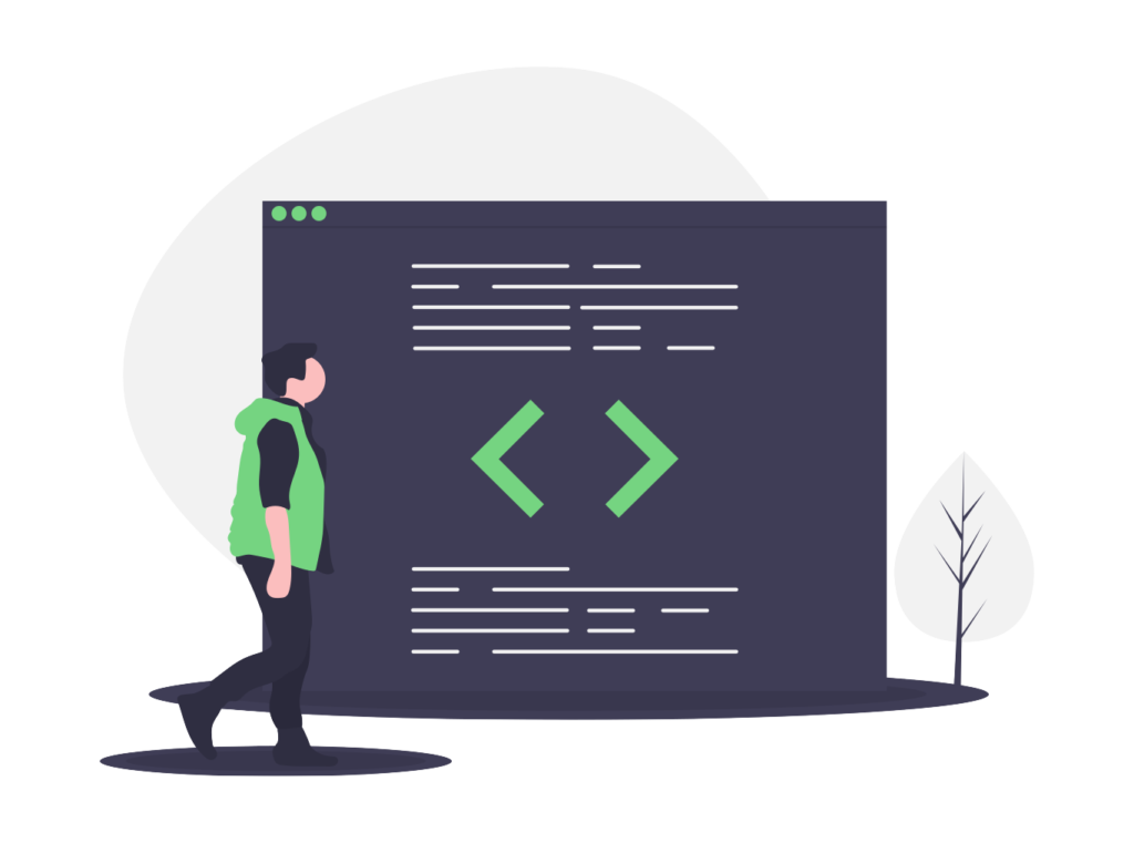 Illustration of developer walking in front of code